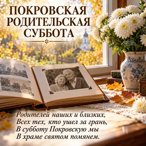 Открытка «Покровская родительская суббота, семейный фотоальбом и цветы у окна»
