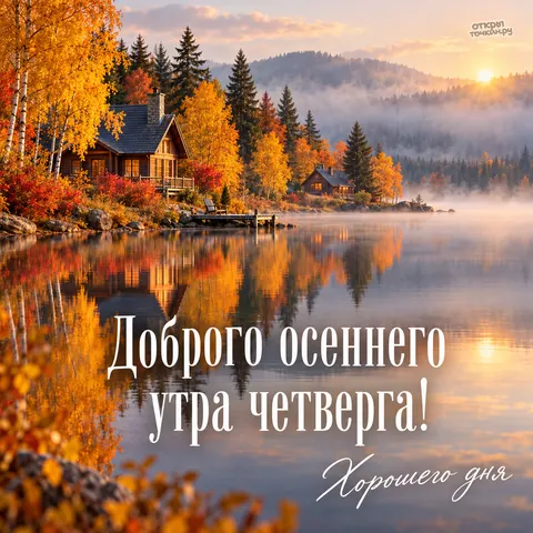 Открытка «Доброе утро четверг, домик у озера в утреннем тумане»