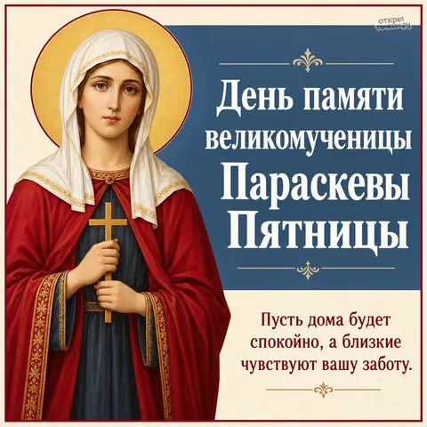 Открытка «День памяти великомученицы Параскевы наречённой Пятница, икона Параскевы с крестом и заботой о доме»