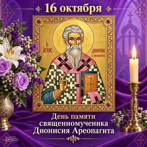 Открытка «День памяти священномученика Дионисия Ареопагита, 16 октября, икона на фиолетовом фоне»