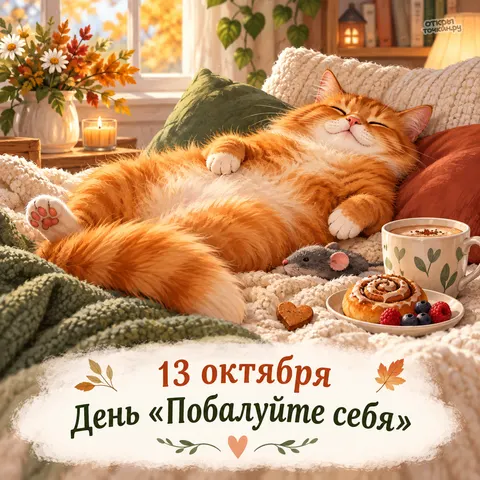Открытка «Побалуйте себя, кот спит с булочкой и кофе»