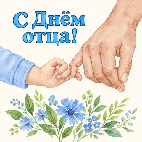 Открытка «С днём отца, руки отца и ребёнка, незабудки»