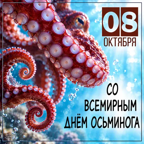 Открытка «Всемирный день осьминога, бордовые щупальца с лиловыми присосками»