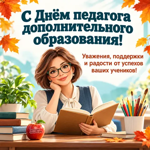 Открытка «С Днём педагога дополнительного образования, учительница с книгой и осенними листьями» — День работников дополнительного образования