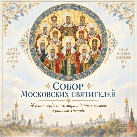 Открытка «Собор Московских святителей, желаю сердечного мира и добрых вестей, храни вас Господь»