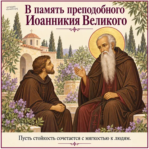 Открытка «День памяти преподобного Иоанникия Великого, наставление ученику во дворе монастыря»
