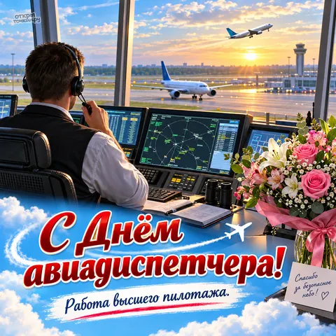 Открытка «День авиадиспетчера, букет роз у пульта и вид на аэродром»