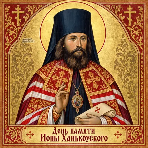 Открытка «День памяти Ионы Ханькоуского, икона на золотом фоне со свитком» — День памяти святителя Ионы Ханькоуского