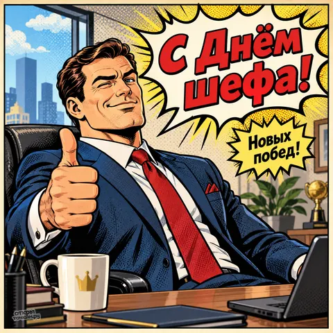 Открытка «С днём босса, новых высот, босс в кресле за рабочим столом» — День шефа (День босса)