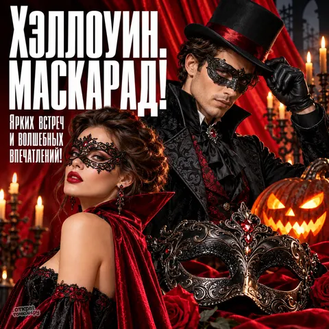Открытка «Хэллоуин, маскарад, пара в масках, цилиндр и красный плащ, тыква и свечи, ярких встреч и волшебных впечатлений»