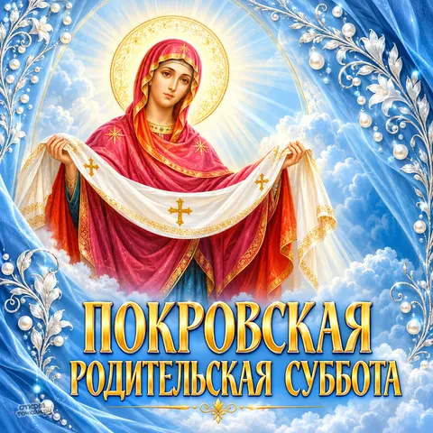 Открытка «Покровская родительская суббота, Богородица с покровом в голубом сиянии»