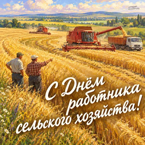 Открытка «День сельского хозяйства, уборка урожая в живописном поле» — День работника сельского хозяйства и перерабатывающей промышленности