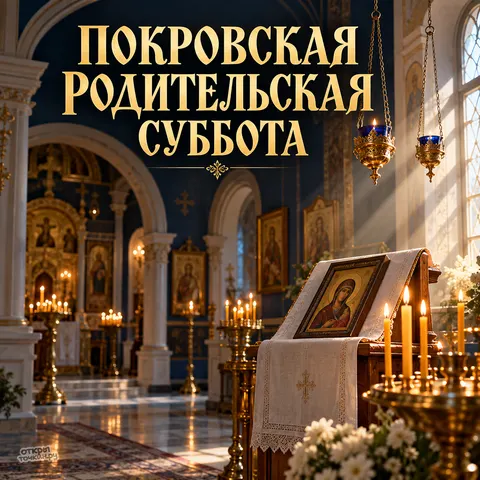 Открытка «Покровская родительская суббота, свет лампад в синем храмовом интерьере»