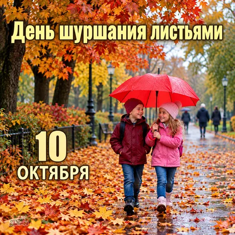 Открытка «День шуршания листьями, дети под красным зонтом»