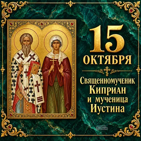Открытка «Священномученик Киприан и мученица Иустина, 15 октября, зелёный фон, икона слева»