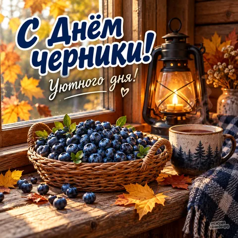 Открытка «День чёрники, уютного дня, корзина на осеннем подоконнике»