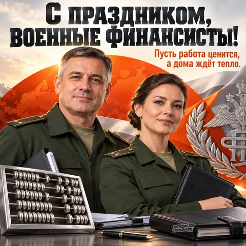 Открытка «День финслужбы ВС РФ, пара военных финансистов, счёты, карта России и флаг» — День финансово-экономической службы ВС РФ