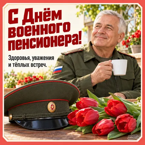 Открытка «День военного пенсионера, ветеран с кружкой на террасе, фуражка и красные тюльпаны»