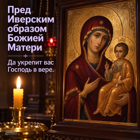 Открытка «Иверская икона Божией Матери, горящая свеча в полумраке храма укрепление в вере» — Праздник Иверской иконы Божией Матери