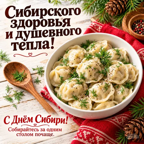 Открытка «День Сибири, миска пельменей с укропом на столе»