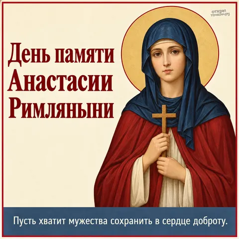 Открытка «День памяти преподобномученицы Анастасии Римляныни, канонический образ Анастасии с крестом»