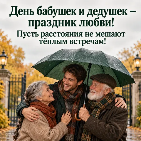 Открытка «День бабушек и дедушек, объятия под зонтом в дождь, внук бабушка и дедушка в осеннем парке»