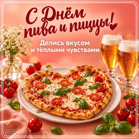 Открытка «С Днём пива и пиццы, пицца в форме сердца»