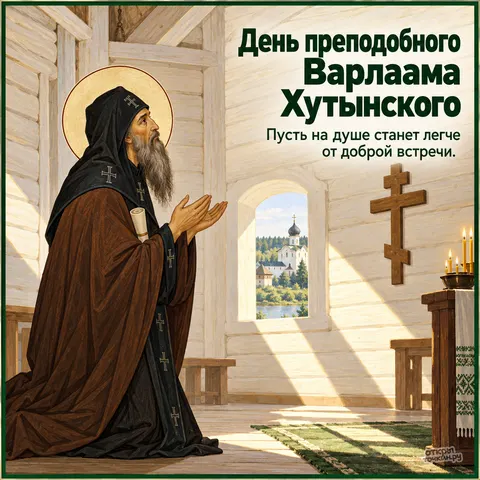Открытка «День памяти преподобного Варлаама Хутынского, молитва в деревянной келье у креста»