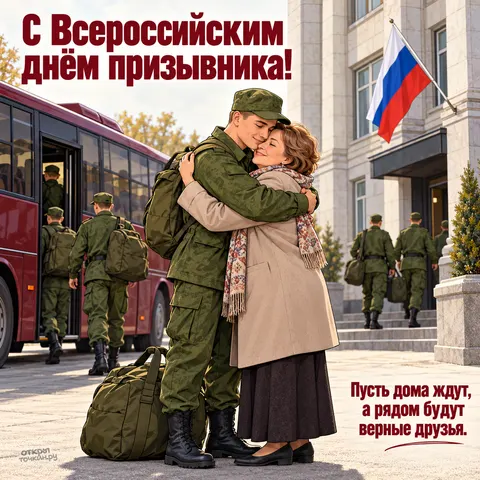 Открытка «Всероссийский день призывника, мама обнимает сына у автобуса с призывниками»