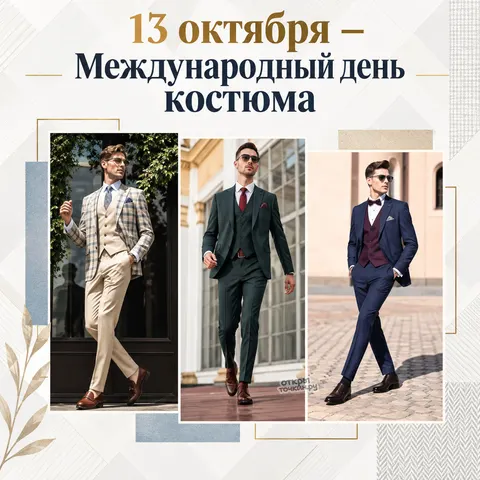 Открытка «Международный день костюма, трое мужчин в тройках»
