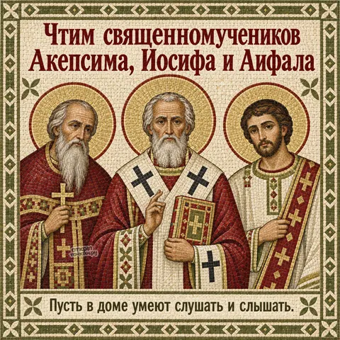 Открытка «День памяти священномучеников Акепсима Иосифа и Аифала, мозаика трёх священномучеников с Евангелием»