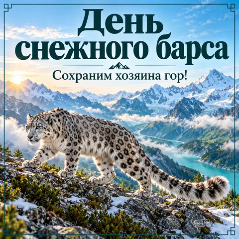 Открытка «День снежного барса, ирбис идёт по хребту, облака в долине и бирюзовое озеро»