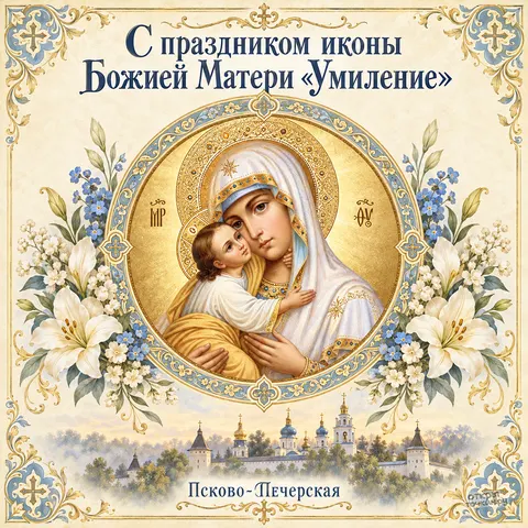 Открытка «Икона Умиление Псково-Печерская, медальон и панорама монастыря» — Праздник Псково-Печерской иконы Божией Матери «Умиление»