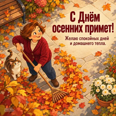 Открытка «День осенних примет, женщина с граблями и полосатый кот во дворе»