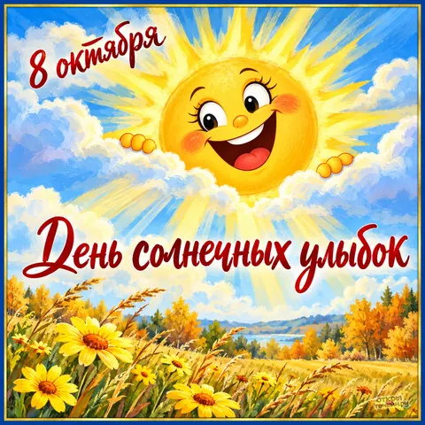 Открытка «День солнечных улыбок, весёлое солнце над осенним лугом»