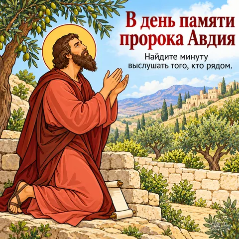 Открытка «День памяти пророка Авдия, пророк Авдий в молитве у оливкового дерева со свитком»