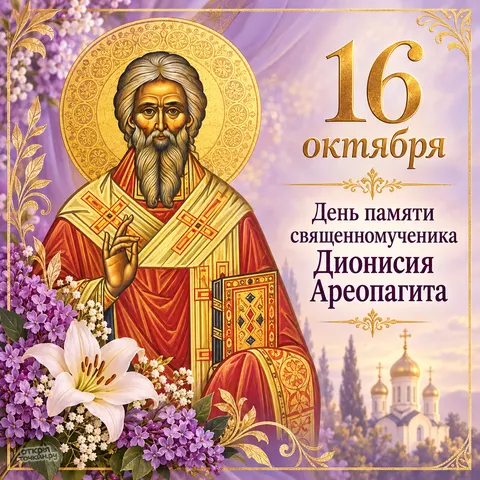 Открытка «День памяти священномученика Дионисия Ареопагита, лилии, сирень и золотые купола»