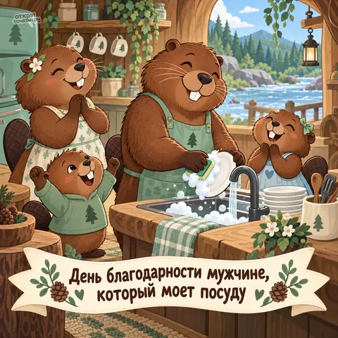 Открытка «День благодарности мужчине, который моет посуду, семья бобров у реки»