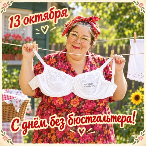 Открытка «С днём без бюстгальтера, бельё на бельевой верёвке»