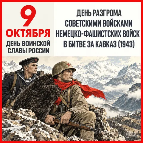 Открытка «День воинской славы России 9 октября, защитники Кавказа» — День разгрома советскими войсками немецко-фашистских войск в битве за Кавказ