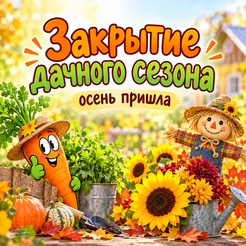 Открытка «Закрытие дачного сезона, морковка и пугало»