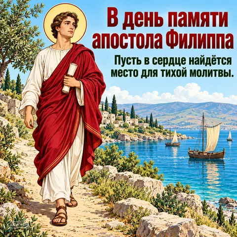 Открытка «День памяти апостола Филиппа, апостол Филипп идёт со свитком по берегу с парусниками»