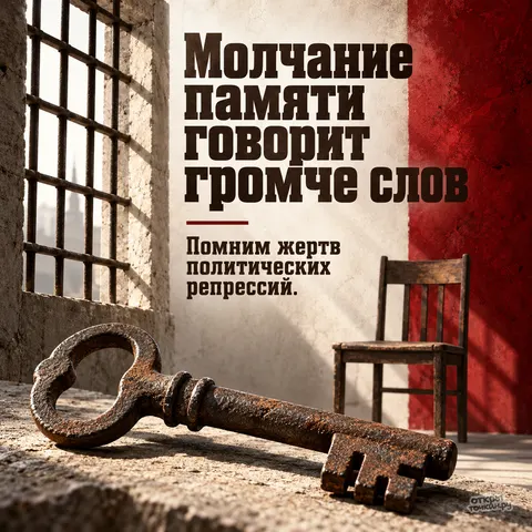 Открытка «День памяти жертв политических репрессий, ржавый ключ у тюремной решетки, деревянный стул и красная стена»