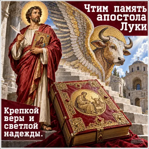 Открытка «День памяти апостола Луки, золотой крылатый телец и красное Евангелие на ступенях, крепкой веры и светлой надежды» — День памяти святого апостола и евангелиста Луки