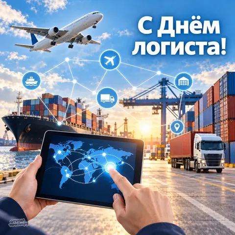 Открытка «С днём логиста, планшет и портовые краны»
