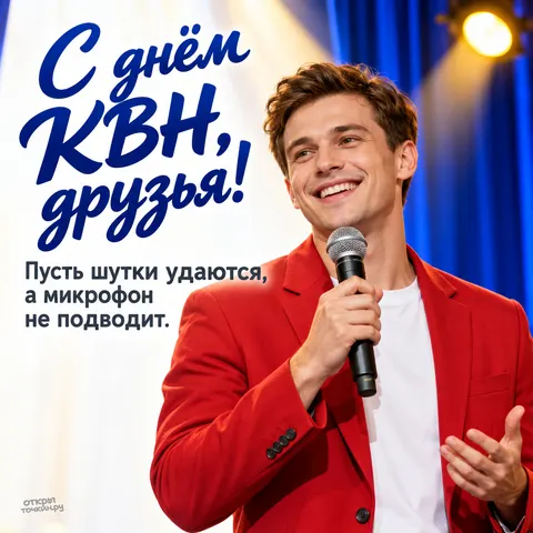 Открытка «Международный день КВН, ведущий в красном пиджаке с микрофоном на сцене»