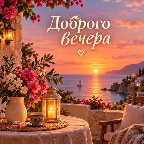 Открытка «Добрый вечер, букет и свеча на балконе над морем»