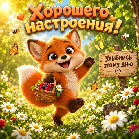 Открытка «Хорошего настроения, лисёнок с корзинкой ягод на поляне»