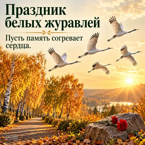 Открытка «Праздник белых журавлей, пять журавлей над осенней аллеей, гвоздики на камне, пусть память согревает сердца»