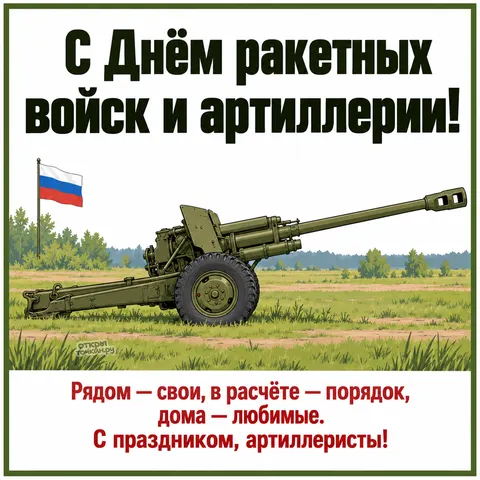 Открытка «День ракетных войск и артиллерии, пушка в поле под флагом россии»